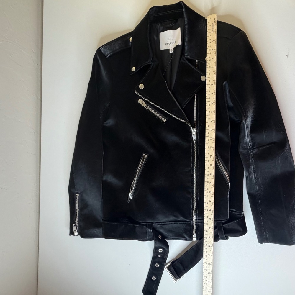 NWT Cinq‎ a Sept Brice Faux Leather Moto Jacket Small Black Belted Minimalist - Picture 16 of 16